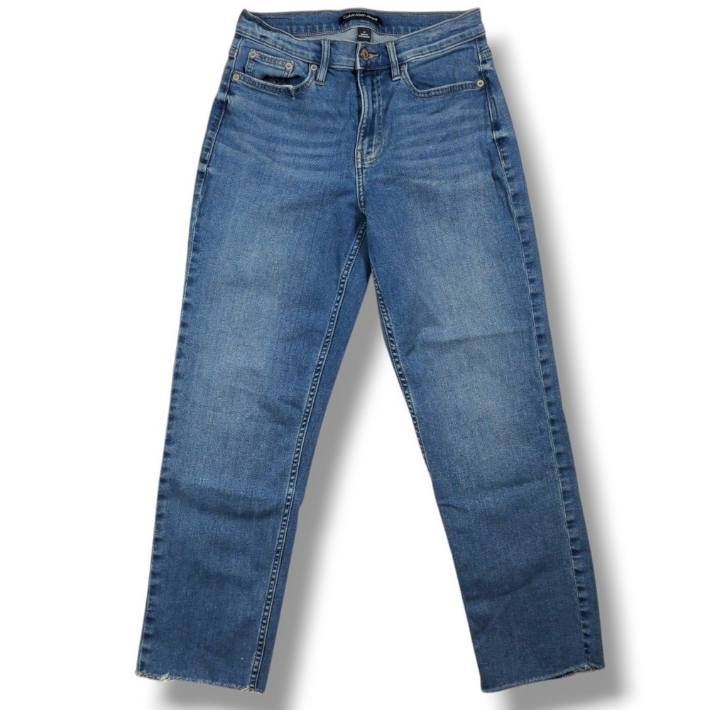 Calvin Klein‎ High Rise Straight Jeans 27 Blue Denim Raw Hem Stretch CJ1A4772
